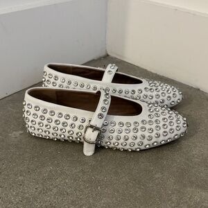 White Embellished Crystal Stud Faux Leather Flats